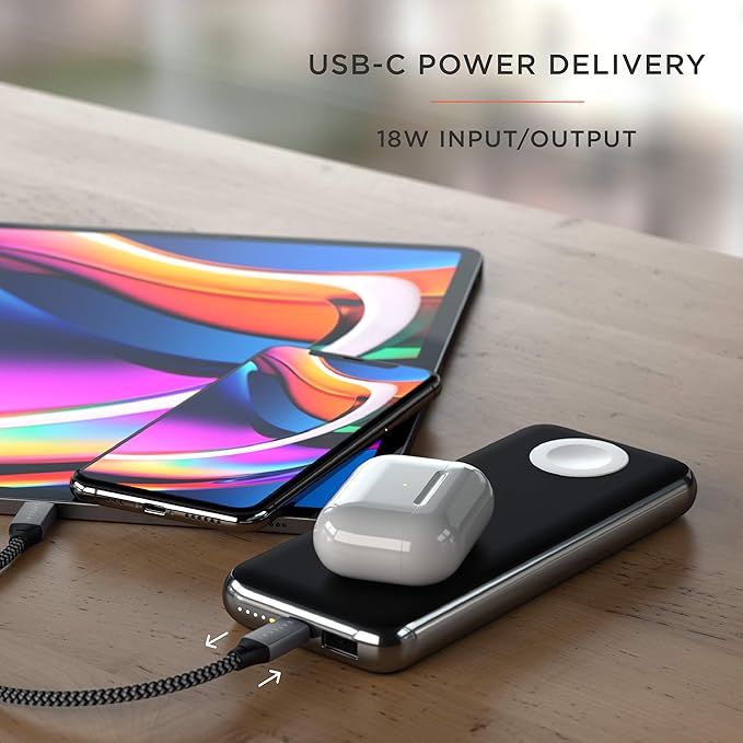 Satechi Quatro Wireless Power Bank 10,000 mAh Portable Charger. Compatible with iPhone 16 Pro Max/16 Pro/16/16 Plus, Apple Watch Ultra & Series 8/7/6/SE/5/4/3/2/1, AirPods Pro 2/1