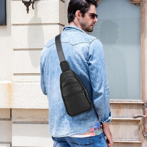 Small Leather Sling Bag Crossbody for Men Women One Strap Shoulder Cross Body Bag Sling Backpack for Travel, 9342 Black