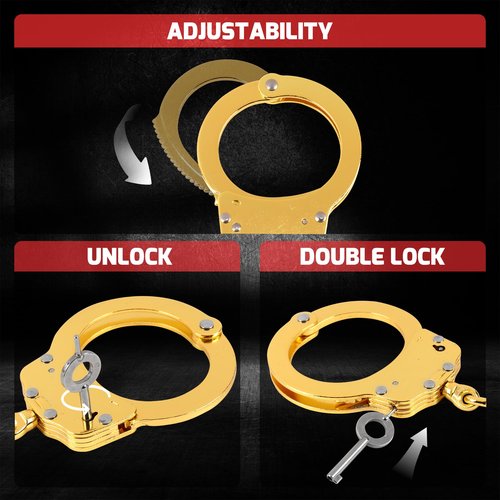 Yoghourds Double Lock Handcuffs, Adjustable Heavy Duty Steel Wrist Cuffs with 2 Keys & Handcuffs Holster in Police Edition Professional Grade - Gold Plating