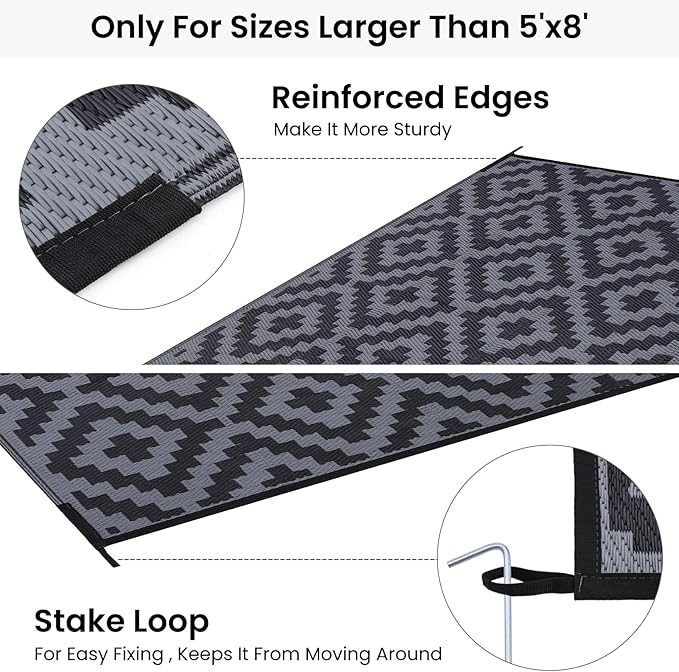 Smiry Waterproof Outdoor Rug 9x12 ft, Reversible Plastic Straw Patio Camping Rugs, Outdoor Indoor RV Mat Carpet for Patio, Outside Entry, Backyard, Deck, Bench, Picnic, Camper, Black & Grey