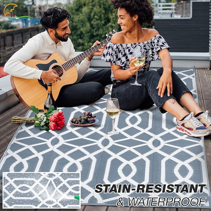 wikiwiki Outdoor Rug, 4x6ft Waterproof Reversible Mat Indoor Outdoor Rugs Carpet, Small Area Rug Plastic Straw Rug for Patio Deck Balcony Pool RV Camping Beach Picnic, Grey, Rugscape Series