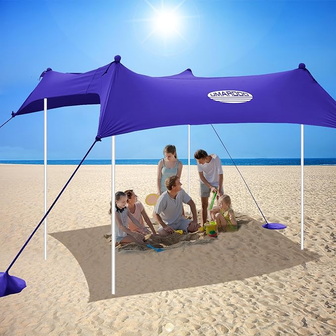 UMARDOO Family Beach Tent Canopy Sun Shade Portable 10×10FT, Large Wind Resistance Beach Sun Shelter Easy Setup with Packable Carry Bag for Outdoor Travel UPF 50+(Purple)
