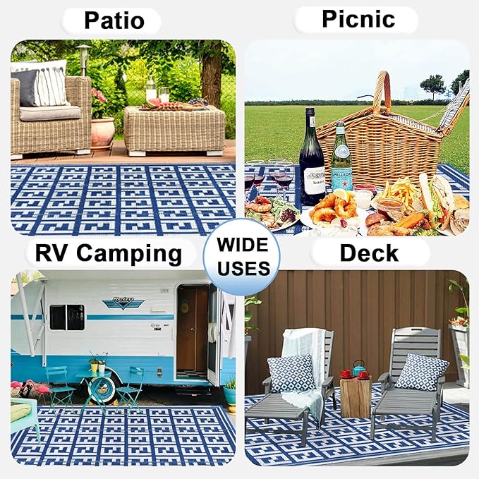 OutdoorLines Outdoor Plastic Area Rugs for Patio 5x8 ft - Reversible Outside Carpet, Stain & UV Resistant RV Mats, Straw Rug for Camping, Deck Garden, Porch and Balcony, Geometry Navy & Light Grey