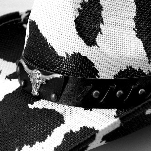 Cow Print Cowboy Hat for Men's Women's,Straw Western Cowgirl Hat with Unique Metalbull Hatband Black and White Bachelorette Party Hats