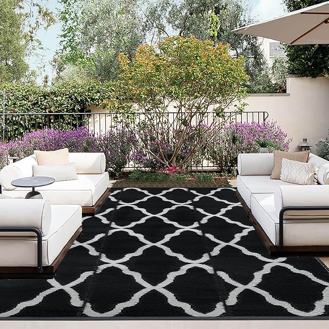 OutdoorLines Outdoor Plastic Area Rugs for Patio 5x8 ft - Reversible Outside Carpet, Stain & UV Resistant RV Mats, Straw Rug for Camping, Deck Garden, Porch and Balcony, Moroccan Black & Light Grey