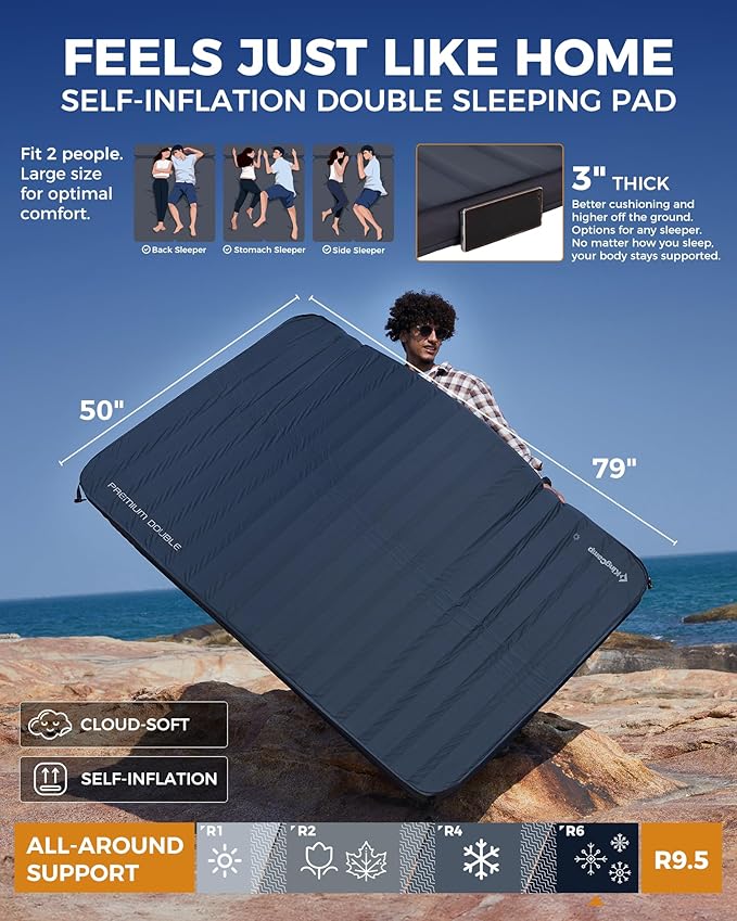 KingCamp Self Inflating Sleeping Pad for Camping Ultra Thick Double Single Foam Mattress High R Value Camping Air Pad Mat, Multi Colors & Sizes