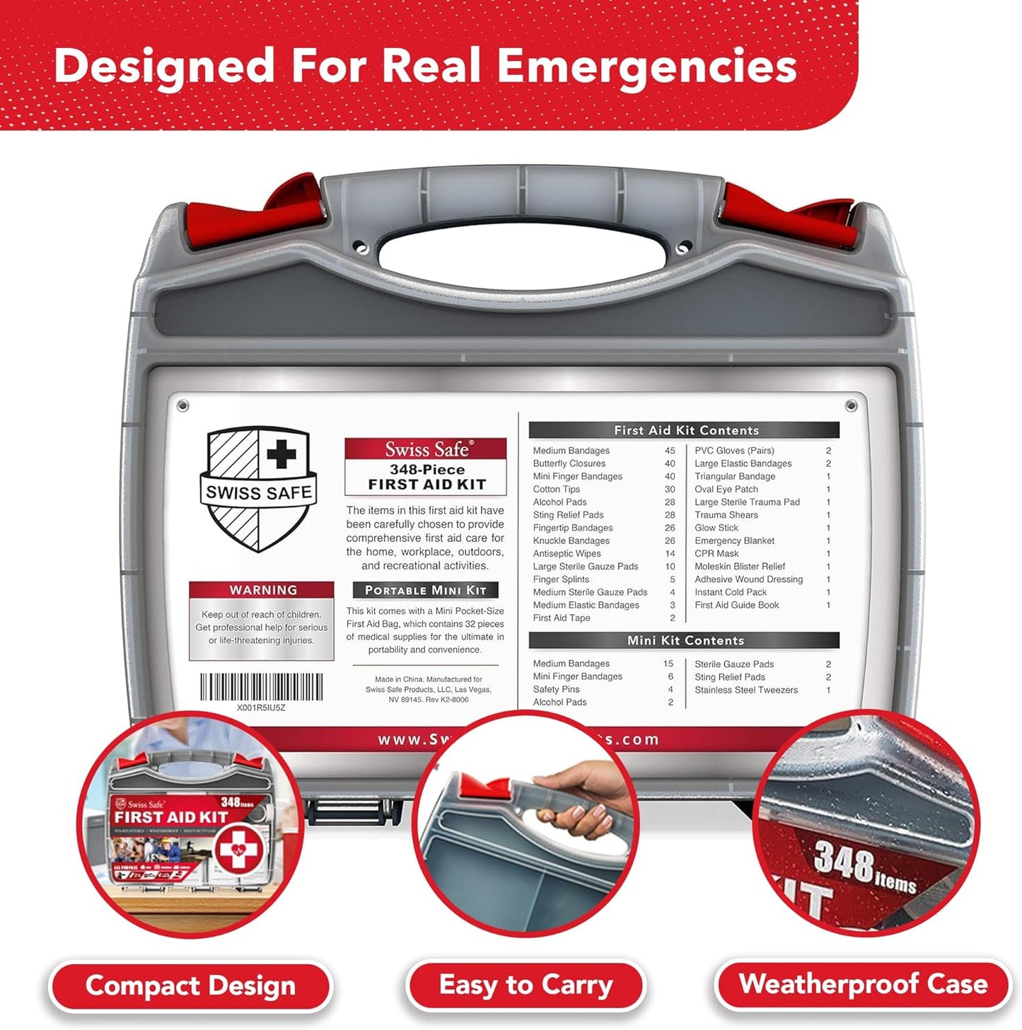 Swiss Safe 2-in-1 First Aid Kit for Car, Travel & Home, Businesses - Bonus Mini Kit for Medical Emergency Aid, Survival, Camping - 64 Piece, Travel FAK