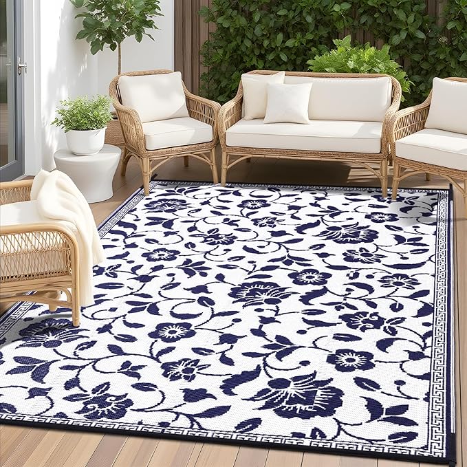 OLANLY Waterproof Outdoor Rug 6x9 ft, Outdoor Plastic Straw Rug with Flower Pattern, Reversible RV Mat for Patio, Camping, Balcony, Deck, Backyard, Navy & White