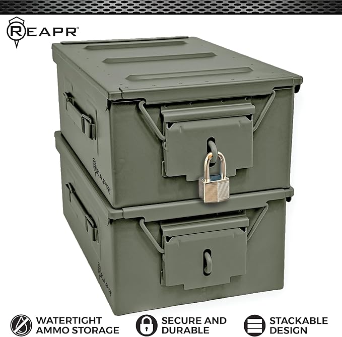 Reapr Steel Ammo Can, Heavy Duty Locking Metal Ammo Storage Box, Airtight and Watertight 30 Cal or 50 Cal Case for Rifle, Shotgun, Pistol, Military Footlocker Style Tool and Gear Organizer