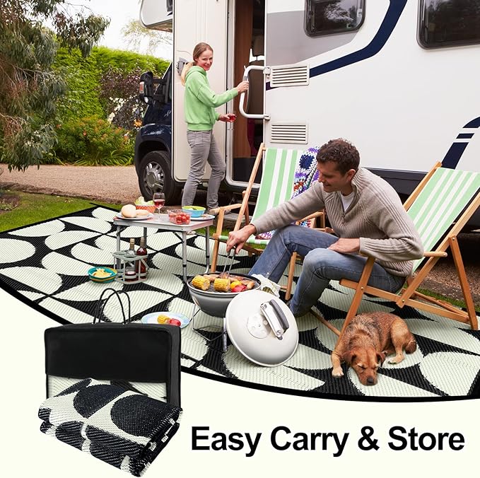 Wonnitar 8x10 Outdoor Rug, Large Waterproof Reversible Outdoor Patio Area Rug, Indoor/Outdoor Plastic Straw Portable Camping Rug for Outside RV Balcony Garden Deck (Black & White,8'x10')