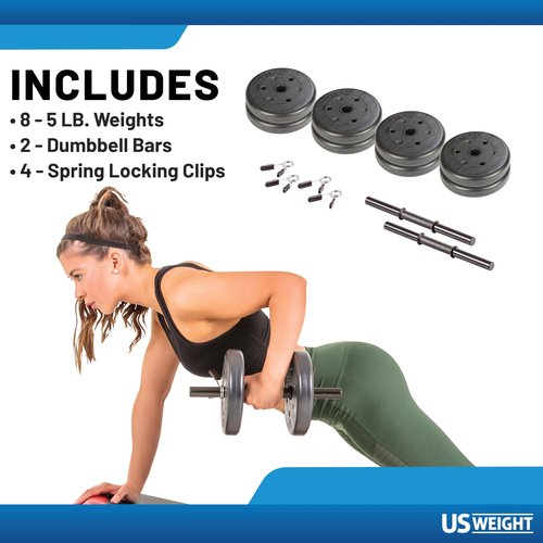 US Weight Adjustable 42LB Dumbbell Set with Spring Clips, 14" Knurled Bars – Made in USA, Essential Home Gym Equipment for Strength Training