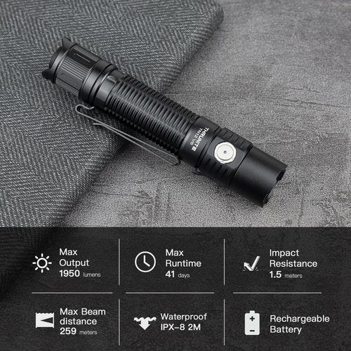 ThruNite TN12 V6 Tactical LED Flashlight, High 1950 Lumens Dual Switch, USB-C Rechargeable Flashlight Compact for EDC, Law Enforcement, and Outdoor Use (Cool White)