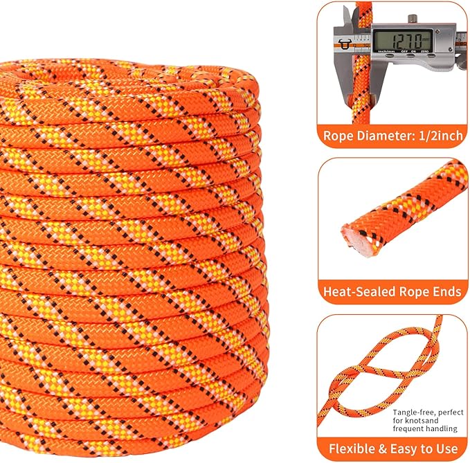 Arborist Rope Tree Rope Polyester Bull Rope (1/2in x 150ft) 48 Strands for Pull Swing Knot (Orange)