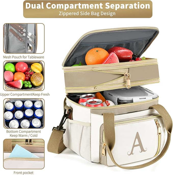 LOKASS Personalized Lunch Bag for Women Work, 16L Initial Insulated Lunch box for Adult/Womens Gift, Leakproof Personalized Gift Lunchbag with Adjustable Shoulder Strap, Cooler Bag Beige - X