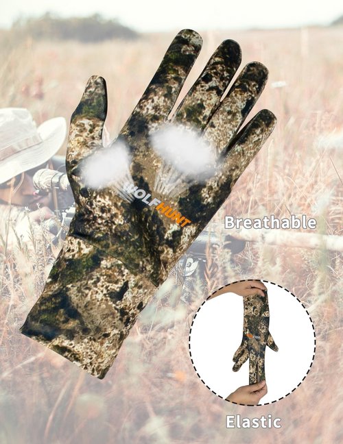 WOLFHUNT Camouflage Hunting Gloves Light Weight Full Finger, Men/Women Anti-Slip Camo Archery Gloves Touch Screen
