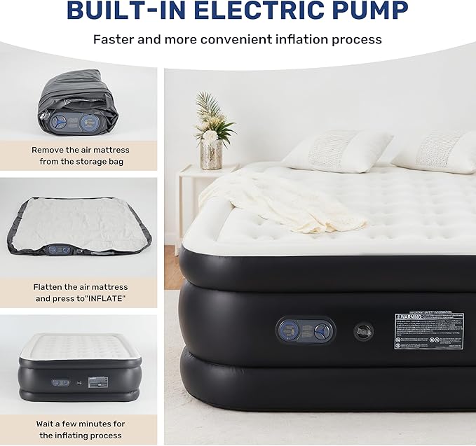 YSSOA Queen Camping Air Mattress with Built-in Electric High-Speed Pump, 22" Bed Height, Comfort Blow Up Inflatable Airbed with Carrying Bag for Travel & Home Guests, Waterproof Foldable Portable