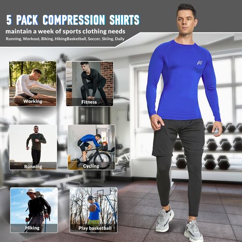 MEETWEE 5 Pack Compression Shirt Men, Long Sleeve Compression Shirts for Men, Base Layer Men Compression Undershirts - M