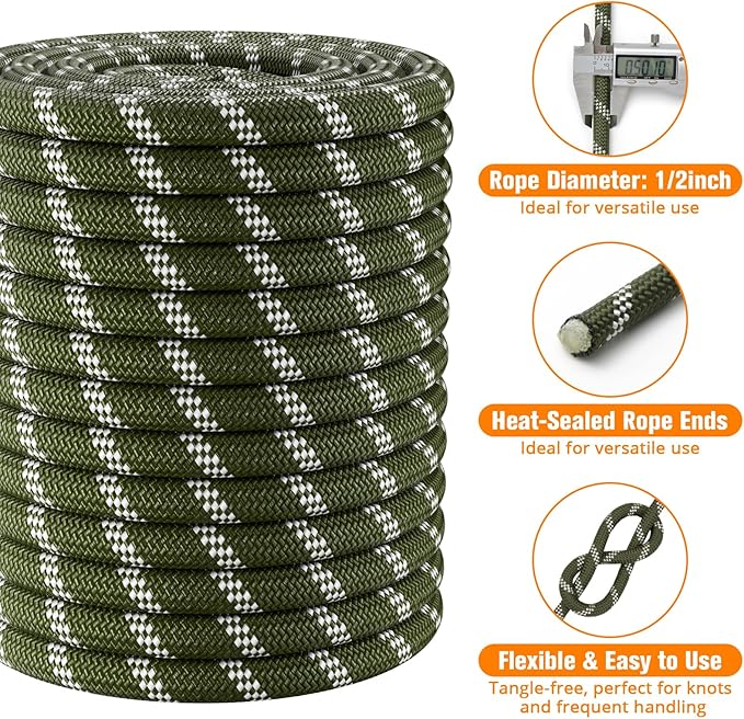 Double Braided Arborist Rigging Rope - 1/2 in X 150 ft 48 Strands Outdoor Pulling Heavy Duty Polyester Bull Rope for Swing Tree Work Camping Rescue Hiking- Army Green
