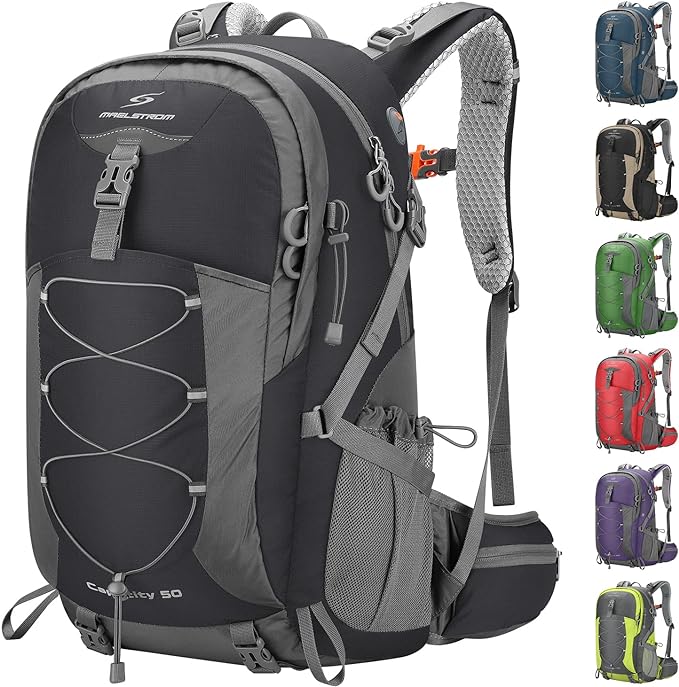 Maelstrom Hiking Backpack,Camping Backpack,50L Waterproof Hiking Daypack with Rain Cover,Lightweight Travel Backpack,Black