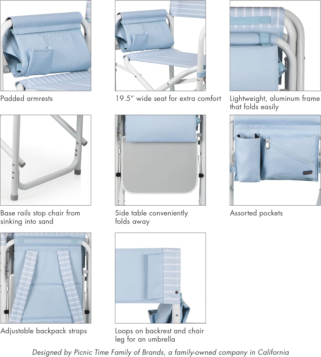 Picnic TIME Outdoor Directors Chair with Side Table, Beach Chair for Adults, Camping Chair with Table