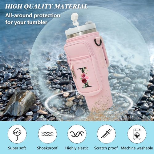Sunegg Initial Water Bottle Carrier Bag for Stanley 40 oz Tumbler with Handle, Water Bottle Holder Pouch with Phone Pocket, Straw Cover & Carabiner, Nice Accessories for Stanley Cup(Pink K)