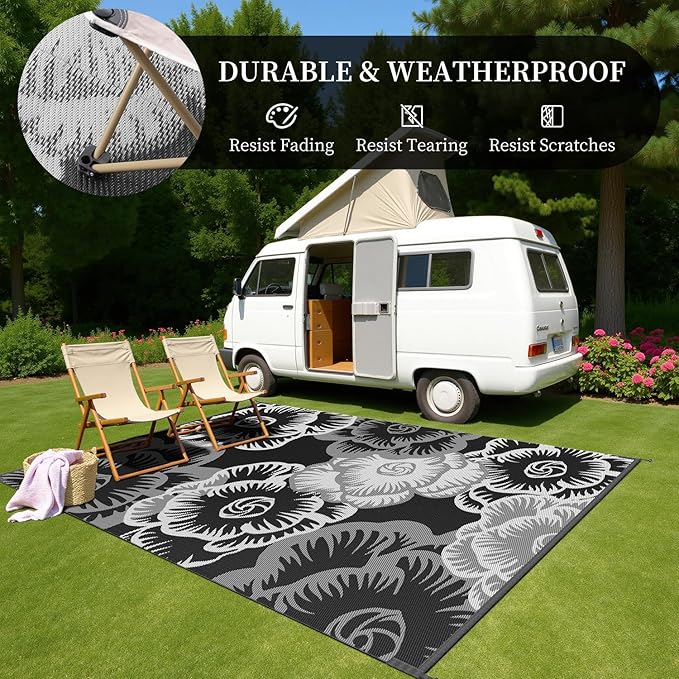 MontVoo Outdoor Rug-Waterproof Patio Rug Mat 5x8 ft Outdoor Carpet Mat Reversible Plastic Straw Outside Outdoor Rug for RV Camping Picnic Beach Balcony Backyard Pool Deck Porch Farmhouse Floral Black