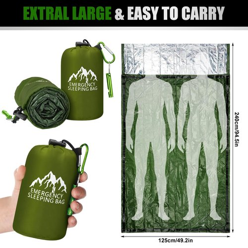 Oudain 6 Pcs XL Emergency Sleeping Bag 94.5" x 49.2" Waterproof Survival Sleeping Bag with Whistle Carabiner Portable Thermal Bivy Sack, Emergency Blankets for Camping Hiking Outdoor Activities