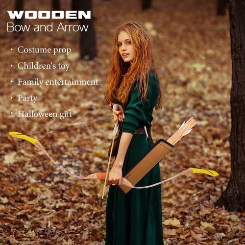 Youth Wooden Bow and Arrow Set, 40 Inch Archery Set Microfiber Leather-Wrapped, Handmade Toys Bow and Arrow Cosplay Costume Prop Games, 5 Feather Arrows (Rubber Tip), Gifts for Kids Boys Girls