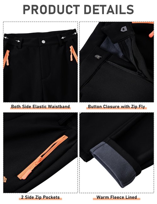 MoFiz Kids Boy Fleece Cargo Hiking Pants Outdoor Girls Waterproof Windproof Snow Ski Pants Warm Insulated Trousers Black 10-12
