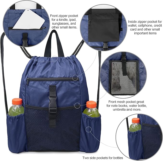 BeeGreen Drawstring Backpack Sports Gym Bag With Shoe Compartment and Two Water Bottle Holder …