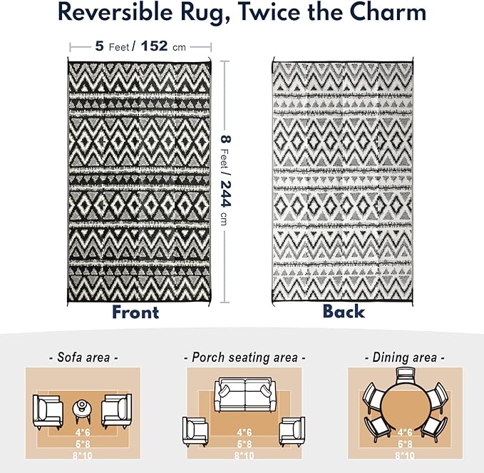 Waterproof Outdoor Rug 5x8 ft, Reversible Plastic Straw Rug, Easy to Clean Patio Rug, Portable Carpet for Patio, RV, Deck, Balcony, Backyard, Picnic, Beach, Geometric Diamond, Gray