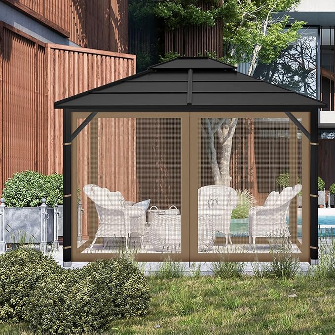 Gazebo Replacement Mosquito Netting Outdoor Universal Gazebo Canopy 4-Panels Screen Sidewalls with Zipper for Patio Garden (Brown, 10x10)