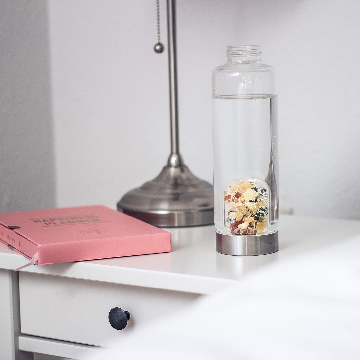 VitaJuwel ViA LUNA | Crystal Water Bottle with Rainbow Moonstone and Clear Quartz for Intuition, Empathy, Femininity
