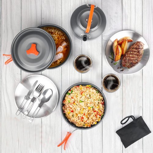 Bisgear Camping Cookware Kettle Backpacking Stove Mess Kit, Camping Pots and Pans Set with Cups Plates Utensils, Camping Kitchen Accessories Cooking Set Survival Gear