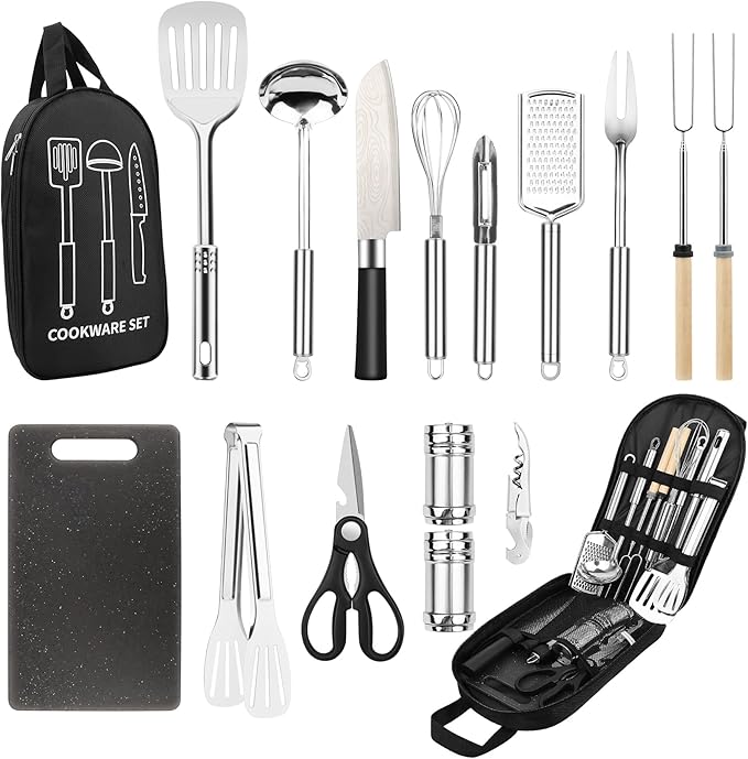 Camping Cooking Utensils Set, Stainless Steel Grill Tools, Camping BBQ Cookware Gear and Equipment for Travel Tenting RV Van Picnic Portable Kitchen Essentials Accessories