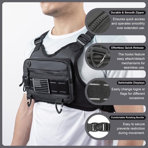 Chest Bag For Men, Water Resistant Sport Chest Pack - Lightweight Running Vest Bag with Built-In Phone Holder & Extra Storage, Minimalist Pack for Workouts and Cycling (Black)