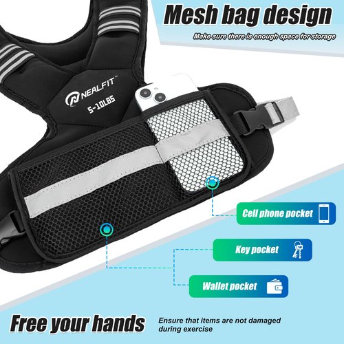 NEALFIT Weighted Vest for Women and Men, 5-10lb/11-20lb/18-30lb Adjustable Weighted Vest with Reflective Strip, Body Weight Vest for Walking, Running, Fitness, Strength Training (Black, 5-10 lbs)