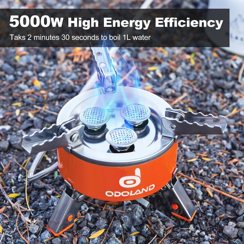 Odoland Bundle - 2 Items 15pcs Camping Cookware Mess Kit Non-Stick Lightweight Pot Pan Kettle Set and 5000W Portable Camping Stove