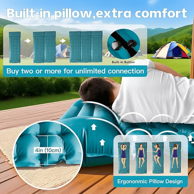 Ultralight Inflatable Sleeping Pad with Built-in Pump, Waterproof, Tear-Resistant, for Camping, Hiking, Backpacking, Outdoor Travel (Peacock Blue)
