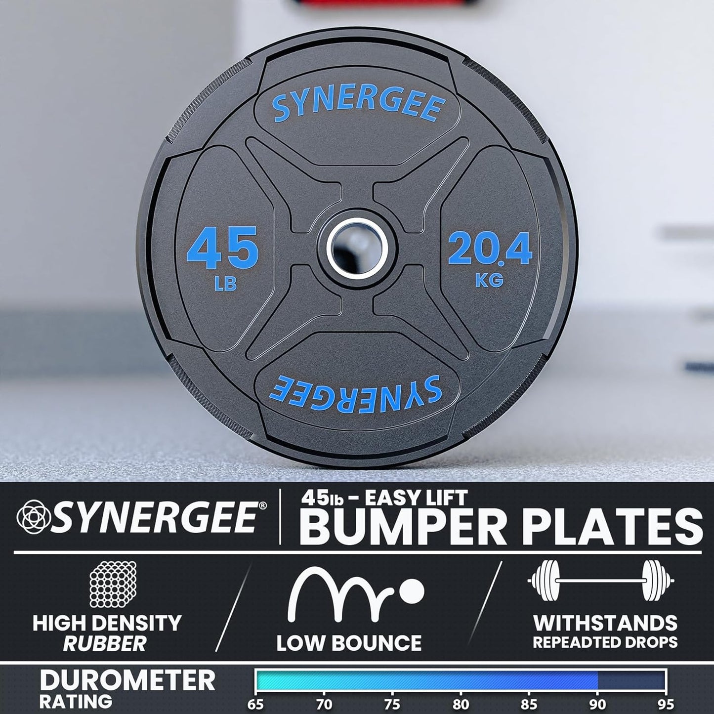 Synergee Bumper Plates – Durable Olympic Weight Plates, Low-Bounce Rubber for Strength Training, Powerlifting, and Functional Workouts.