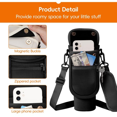 AceTreker 40/30 oz Stanley Cup Sleeve Bag with Paracord Handle, Neoprene Stainless Steel Travel Tumbler Holder with 2 Pockets, Metal Coffee Mug Sling with Straw Cover for Walking Driving Gym-Black