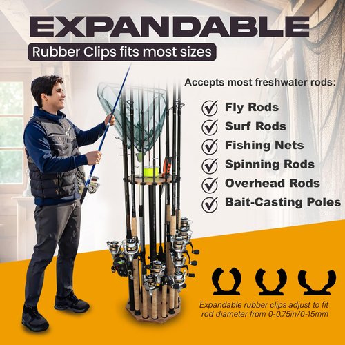 Rush Creek Creations 16-Rod Round Fishing Rod Holder for Garage, 360° Access Fishing Pole Holder for Fishing Rods, Reels, Gear, and Accessories, Securely Holds 16 Rods, Wood Grain