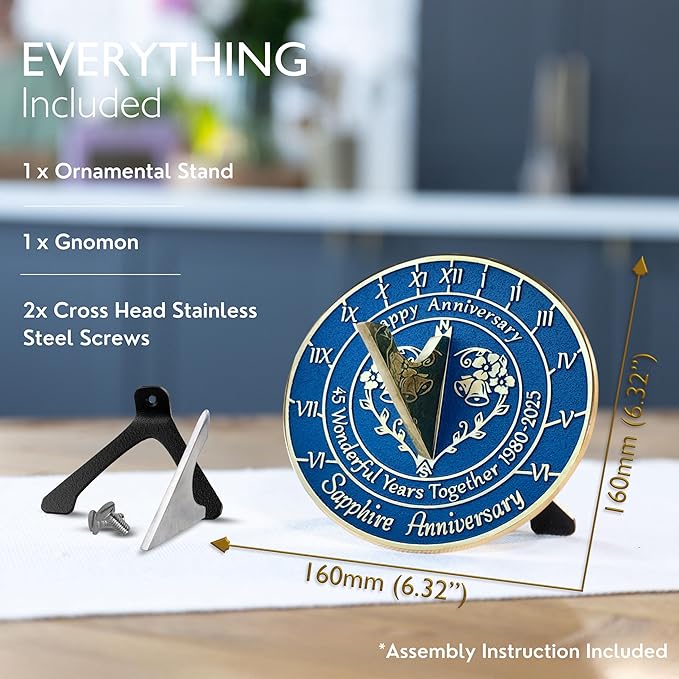Anniversary Sundial Gift for 45th Sapphire Wedding Anniversary in 2024 - Recycled Metal Home Decor Or Garden Present Idea - Handmade in UK for Him, Her Parents Or Couples 45 Year Celebration