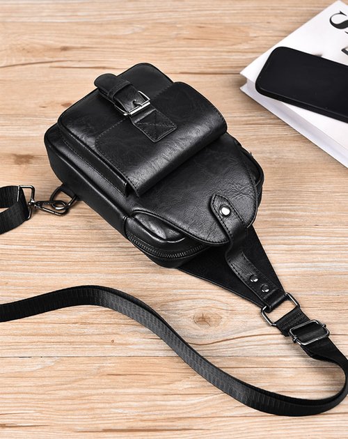 Men's Leather Crossbody Sling Bag - Anti-Theft Multi-pocket Shoulder Bag for Hiking Trave (Black)