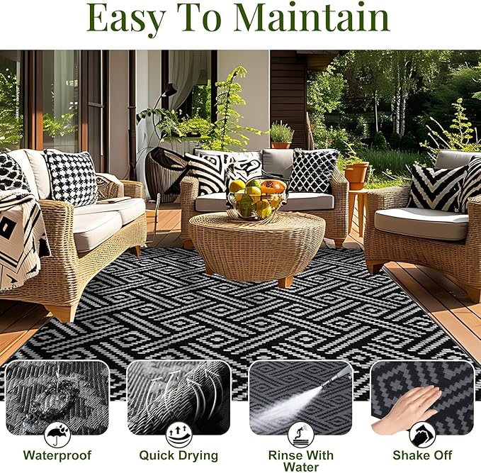 OPPODREAM Outdoor Rug 6x9 Ft, Waterproof Outdoor Plastic Straw Rug for Patio, Reversible Out Door Carpet for Camping, Deck, Rv, 6 x 9 Area Carpet for Balcony, Porch, Backyard, Black and Beige