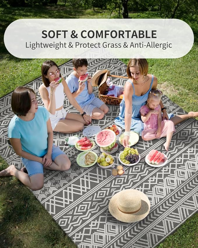 MontVoo Outdoor Rug Carpet Waterproof 5x8 Outdoor Patio Rug Mat Reverisble Plastic Straw Outdoor Rug for RV Camping Picnic Beach Balcony Boho Grey