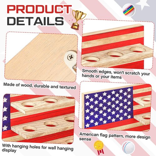 Threehoney Patriotic Golf Ball Holder Display Shelf for 22 Balls 16 x 10 Inch Wood Golf Ball Display Stand with American Flag Golf Lover's Gift for Christmas, No Door
