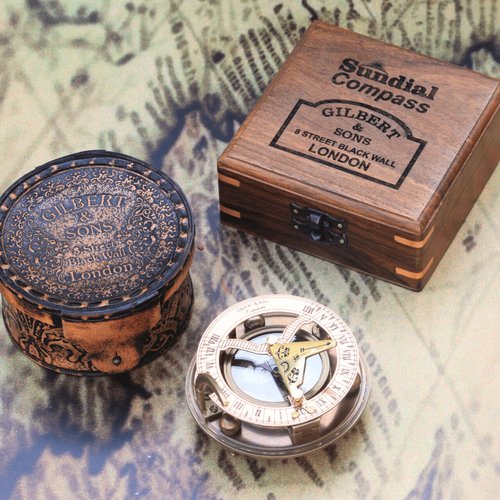 Gilbert and Sons Antique Brass Sundial Compass with Engraved Wooden Case