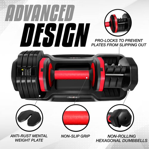 Yes4All 55lbs Pair Red Grip Adjustable Dumbbells Weights, 5 in 1 Weights Dumbbell with One Second Dial Handle for Different Workout Levels