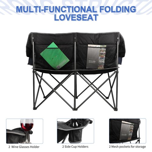 Oversized Double Camping Chair-Heavy Duty 2 Person Folding Loveseat Camp Couch for Adults,Portable Outdoor Lawn Chairs with Padded Seat for Fishing,Sports and Patio,Supports 500 LBS,Black